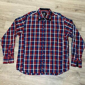 Au Noir Mens Button Down Shirt Sz 8 4XL plaid RedBlue Long Sleeve Cufflink Shirt